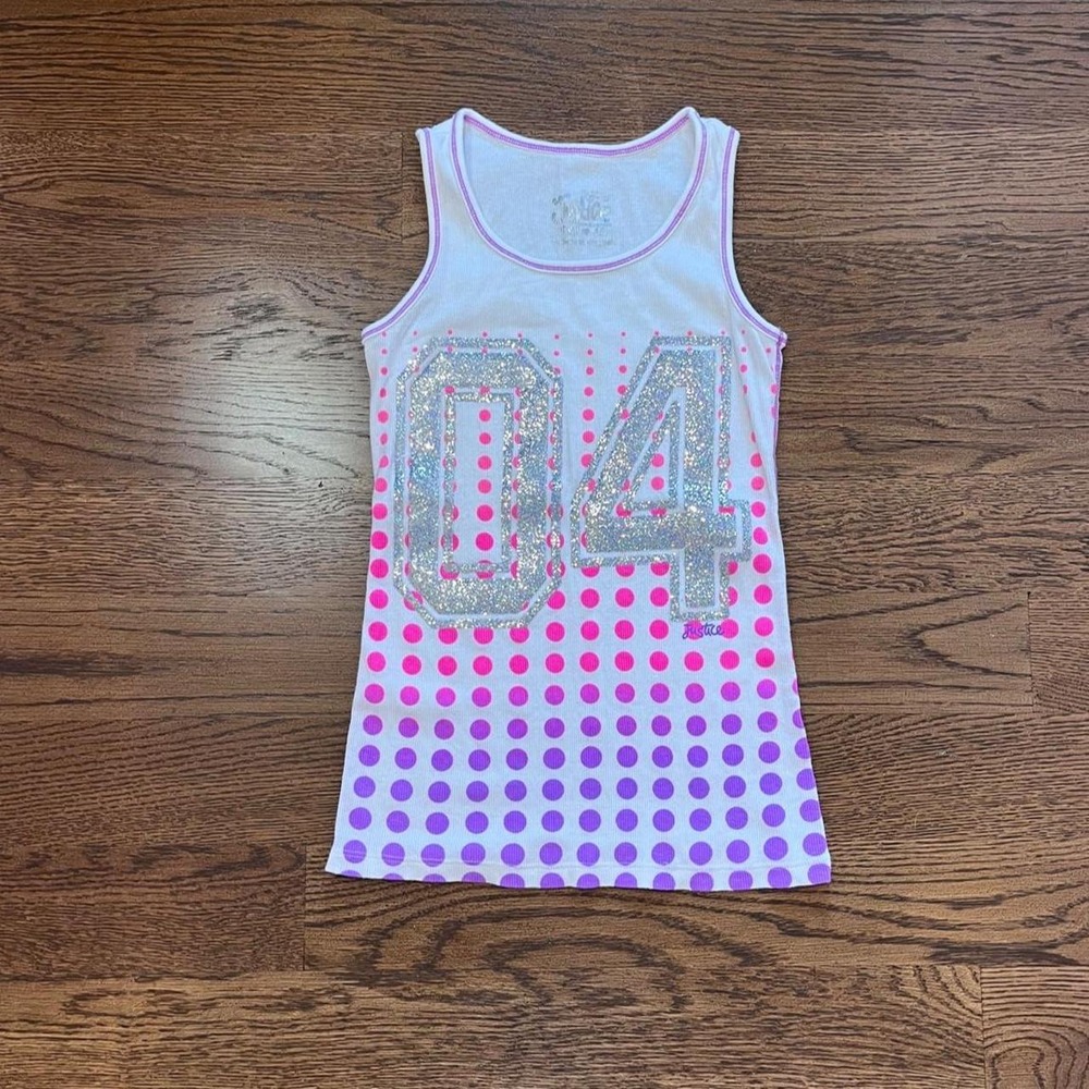 Y2K White & Pink Justice Sequin "04" Polka Dot Tank Top Small